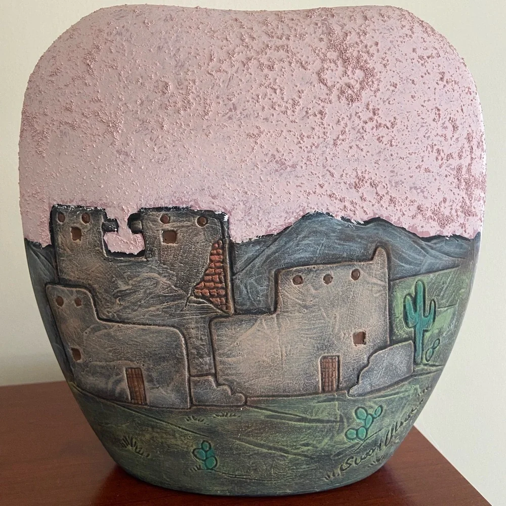 Vintage SUSAN OLSON Art Pottery Southwestern Pueblo Village Vase Lava glaze
